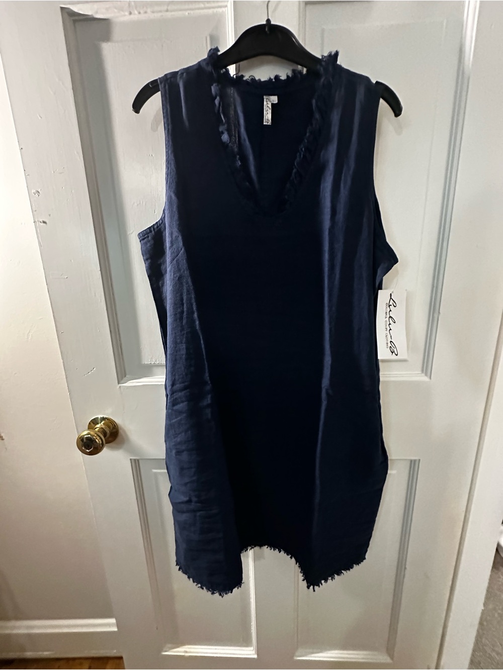 Lulu B Dress - Sleeveless Navy Fringe V-Neck Linen W Pockets NWT